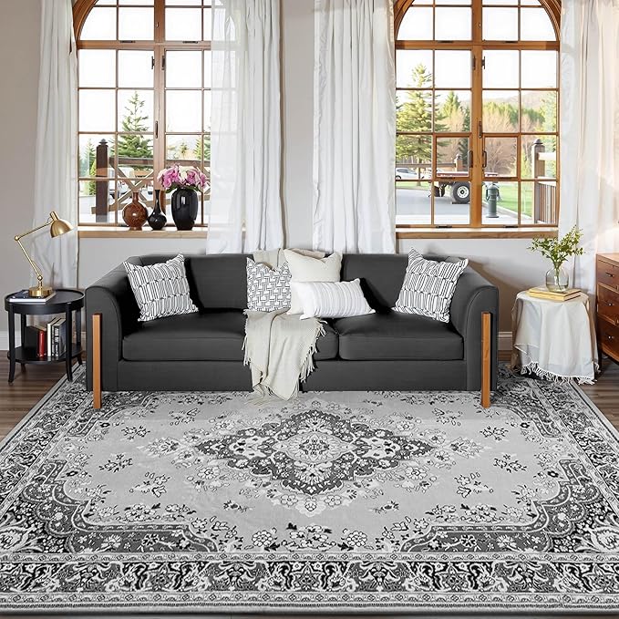 Living Room Rug 6x9 Rug, Machine Washable Area Rug Non Slip Low Pile Rug for Living Room, Bedroom, Farmhouse, Dining Room, Grey