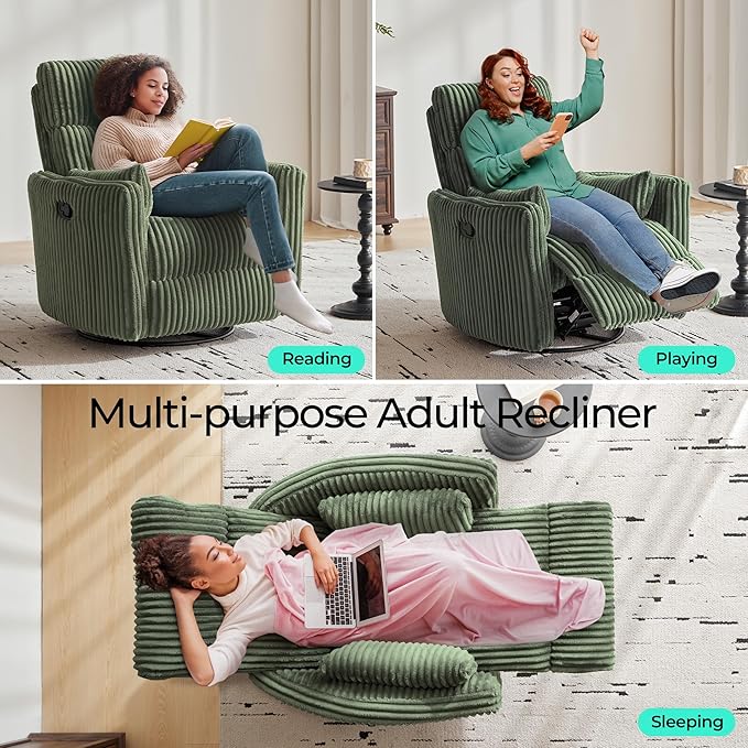 LINSY 360 Swivel Recliner Chair - Corduroy Nursery Glider Rocking Chair with 2 Pillows, Comfy High Back Adult Recliner for Small Spaces, Nursery Bedroom Living Room Reclining (Green)