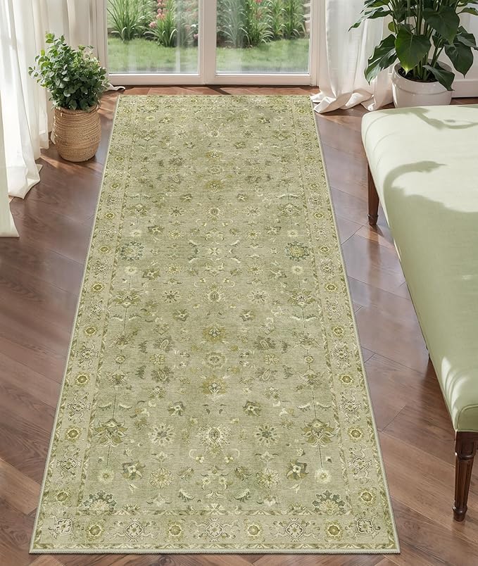 Tangsoo 2x5 Washable Runner Rug for Hallways, Non Slip Floral Vintage Runner Rugs, Soft Low Pile Long Rug, Print Distressed Green Carpet Runners for Kitchen Bedroom Entryway Bathroom Living Room