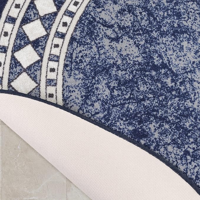 Antep Rugs Alfombras Modern Bordered 5x7 Non-Skid (Non-Slip) Low Profile Pile Rubber Backing Indoor Area Rugs (Navy Blue, 5' x 7' Oval)