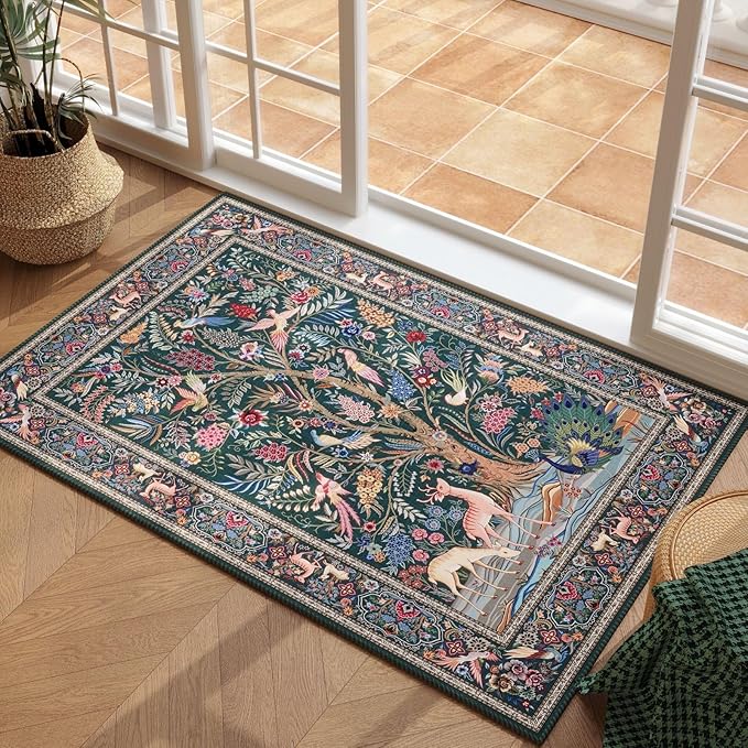 Indoor Door Mat 2x3 Rug Vibrant Tree of Life-Patterned Vintage Machine Washable Small Area Rug Non-Slip Low Pile Throw Rugs for Entryway Kitchen Front Door Entrance Entry Kids Room, Green