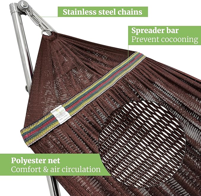 Tranquillo Double Hammock with Stand 650lb Capacity Double Hammock with Spreader Bar, Solid Grade 201 Stainless Steel 30s Set Up, Sturdy Flexible Hammock Stand Portable, Outdoor Indoor, Brown