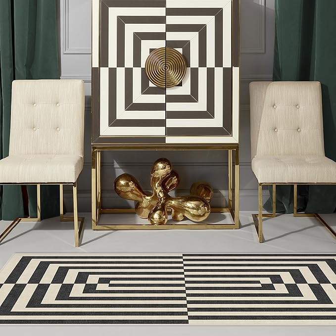 RUGGABLE x Jonathan Adler Machine Washable Modern Runner Rug – Op Art Charcoal 2.5x10, Stain-Resistant, Non-Slip – Washable Rug for Hallway, Entryway, Living Room & Kitchen–with Cushioned Pad