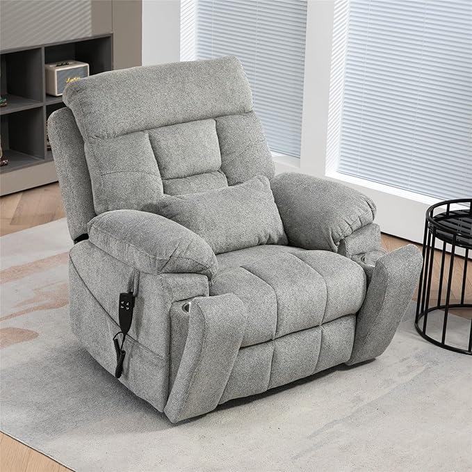 Large Power Lift Recliner Chair with Massage and Heat for Elderly, 26in Extra Wide Recliner Chair with Cup Holder Support Big and Tall People, 400lbs Capacity Adults, Light Grey