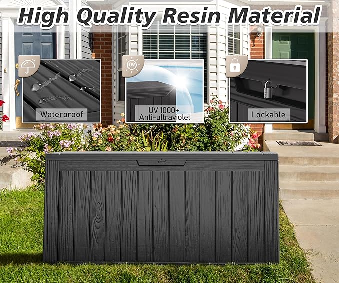 75 Gallon Outdoor Storage Box, Waterproof Resin Deck Box with Lockable Lid, Patio Furniture Side Table & Storage Bin for Package Delivery, Patio Cushions, Garden Tools, Pool Accessories, Black