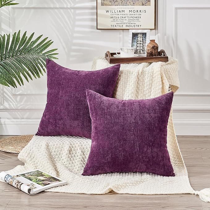 GAWAMAY Decorative Chenille Throw Pillow Covers 26x26 Inch Pack of 2, Soft Square Couch Pillow Cover for Sofa Cushion Living Room Bedroom Solid Dyed Oversized Pillowcases Purple 66x66cm (ONLY Covers)