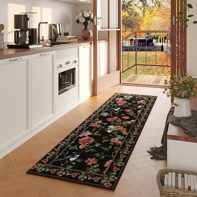 Runner Rug for Kitchen 2'6"x8' Washable Rugs with Rubber Backing Soft Floral Bird Magpies Floral Animal Carpet Runner for Kitchen, Laundry, Bedroom, Bathroom (Black)