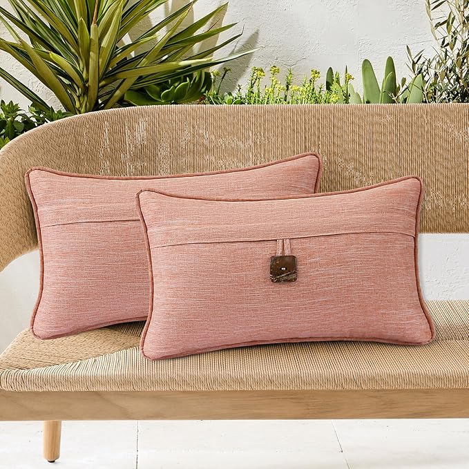 Outdoor Decorative Pillows with Coconut Button Pack of 4, 20" x 12" Outdoor Pillow Set for Couch Bed Throw Patio Sofa, Light Lotus Red
