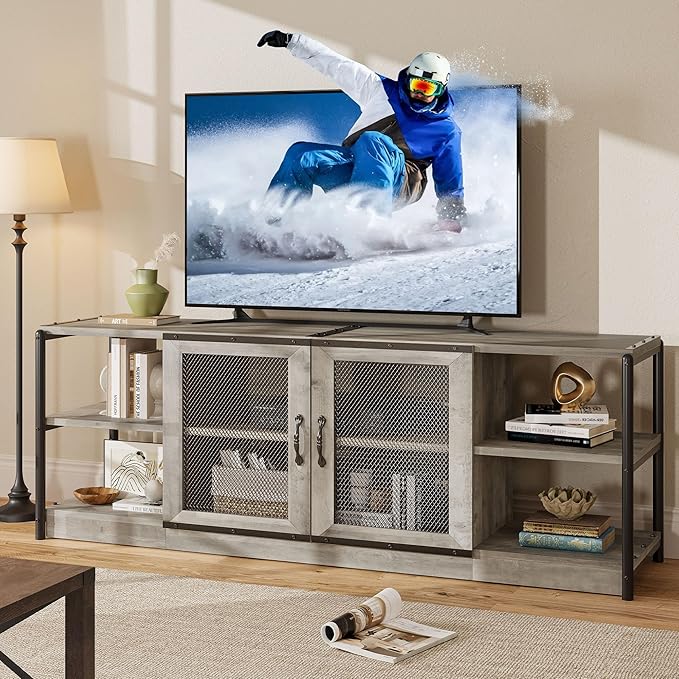 CABIHOME Farmhouse TV Stand for 75/80 inches TVs, Entertainment Center with Storage Cabinet and Mesh Doors, Industrial Media Console Cabinet Table, Living Room Media Furniture, Light Grey