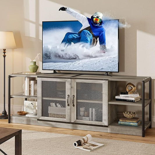 CABIHOME Farmhouse TV Stand for 75/80 inches TVs, Entertainment Center with Storage Cabinet and Mesh Doors, Industrial Media Console Cabinet Table, Living Room Media Furniture, Light Grey