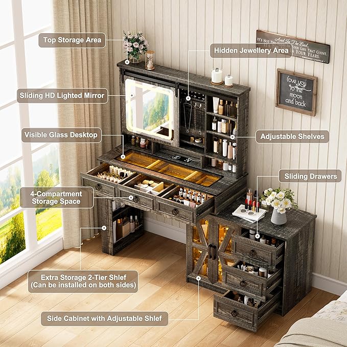 HNEBC 40" W Makeup Vanity Desk with Sliding Mirror and Lights,Farmhouse LED Vanity Set with Jewelry Armoire,Glass Tabletop Vanity Table with Charger,Adjustable Cabinet,6 Drawers,10 Shelves (Oak)