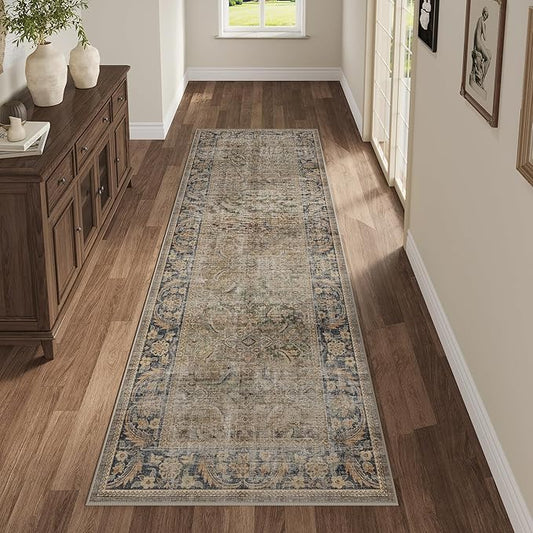 Fmfunctex 2x6 Runner Rug Brown Vintage Neutral Washable Distressed Non Slip Low Pile Indoor Carpet Soft Retro Hallway Entryway Rug for Kitchen Living Room Bedroom Bathroom Laundry Entry Bedside, Multi