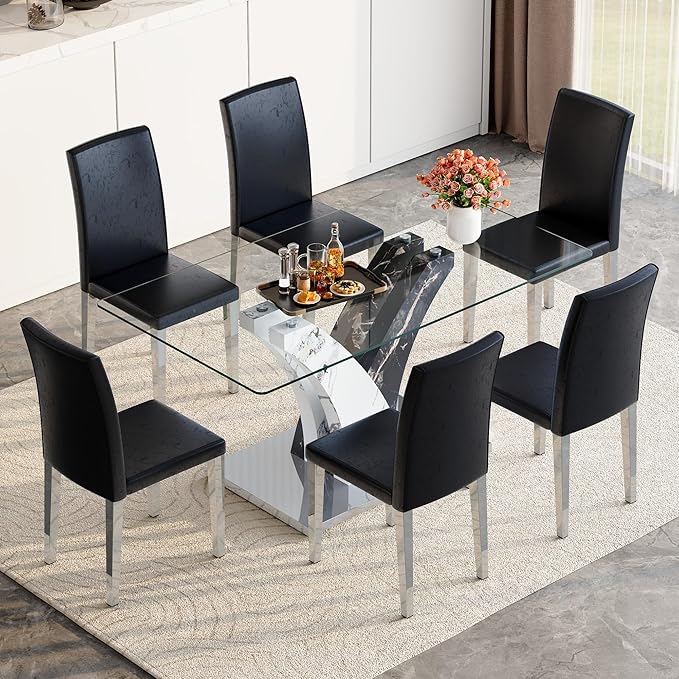 Glass Dining Table Set for 6, 63” Kitchen Table Set for 6, Modern Dining Room Table Set with Upholstered Chairs, Tempered Glass Tabletop with Y Shape Base
