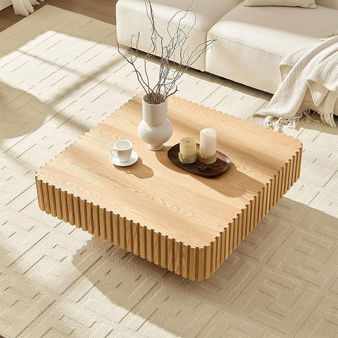 Square Coffee Table for Living Room, Accent Fluted Coffee Table with Storage, Modern Solid Wood Veneered Large Center Tea Table for Small Space Apartment (35.4''D×16''H-Natural)