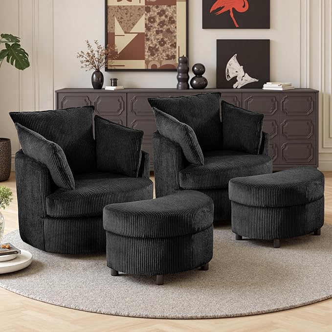 Swivel Accent Chair with Ottoman Comfy Reading Chairs for Bedroom Modern Corduroy Arm Chair 360°Swivel Barrel Chairs for Living Room,Apartment (Black, 2)