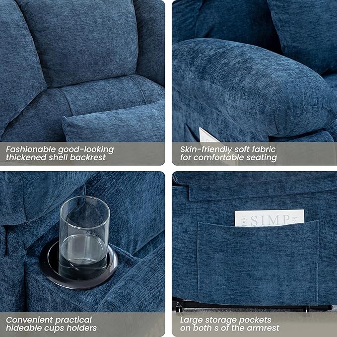 Oversized Power Recliner Chair 350lb with Hidable Cup Holders, Extra Wide Large Big Electric Recliner Chair with Lumbar Support Pillow Nursery Chair Living Room (Power, BLUE-6001)