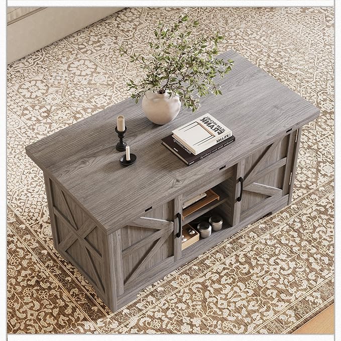 Lift Top Coffee Table with Storage, 4 in 1 Multi-Function Convertible Tea Tables with Hidden Compartment, Farmhouse Center Table Converts to Dining Table for Living Room, Grey