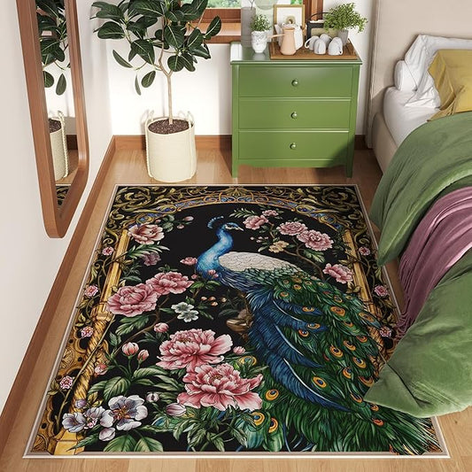 Bedroom Rug 3x5 Rug Washable Area Rug Low Pile Floral Peacock Animal Small Carpet for Bedroom, Bedside, Kitchen, Entryway, Kids Room, Office, College Dorm(Black)