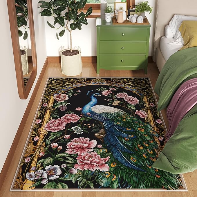 Round Rug 4ft Washable Circle Rug Non Slip Low Pile Floral Peacock Animal Small Circular Rug for Bedroom, Bathroom, Entryway, Kids Room, Office, College Dorm (Black)