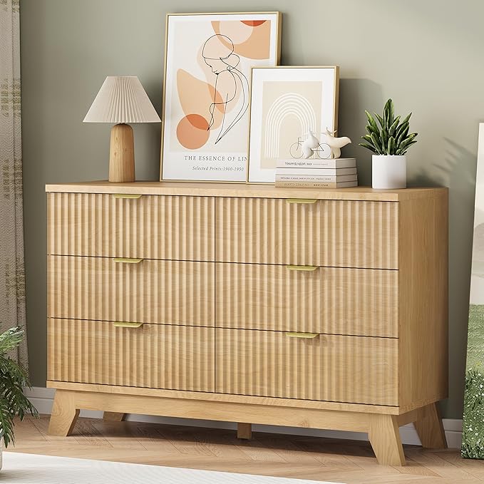 Fluted Dresser for Bedroom with 6 Drawers, 48" Wide Modern Chest of Drawers with Metal Handle, Wooden Dresser TV Stand, Wood Closet Clothes Storage Organizer for Living Room, Hallway, Natural Oak