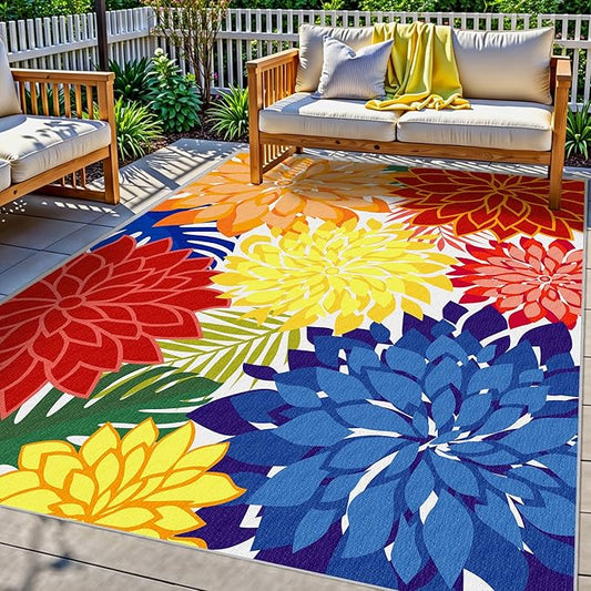 Indoor Outdoor Area-Rug Washable Multicolored Patio Rug Tropical Botanical Modern Floral Indoor Outdoor Carpet Non-Slip for Patio, Deck, Backyard, Porch (6x9)