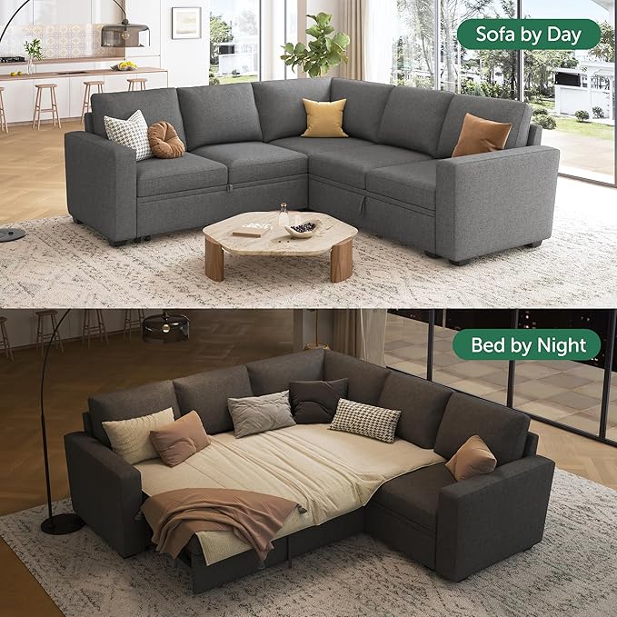 HONBAY Sectional Sleeper Sofa with Pull Out Bed, L Shaped Couch with Storage Seat, Modular Sectional Couches for Living Room, Dark Grey