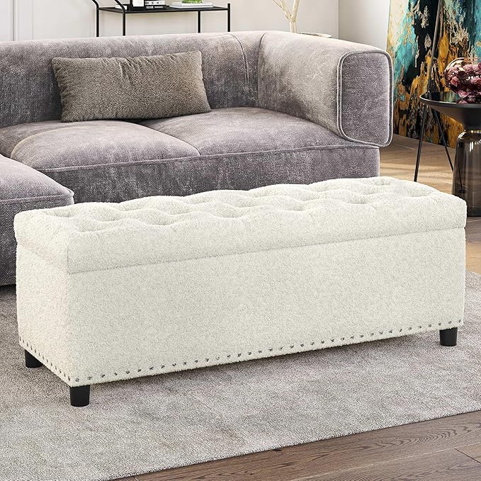 BELLEZE 47" Storage Ottoman, Storage Bench with Safety Close Hinge, Linen Button-Tufted Ottoman for Living Room, Entryway, Hallway, Foot Rest, Support 300lbs - White