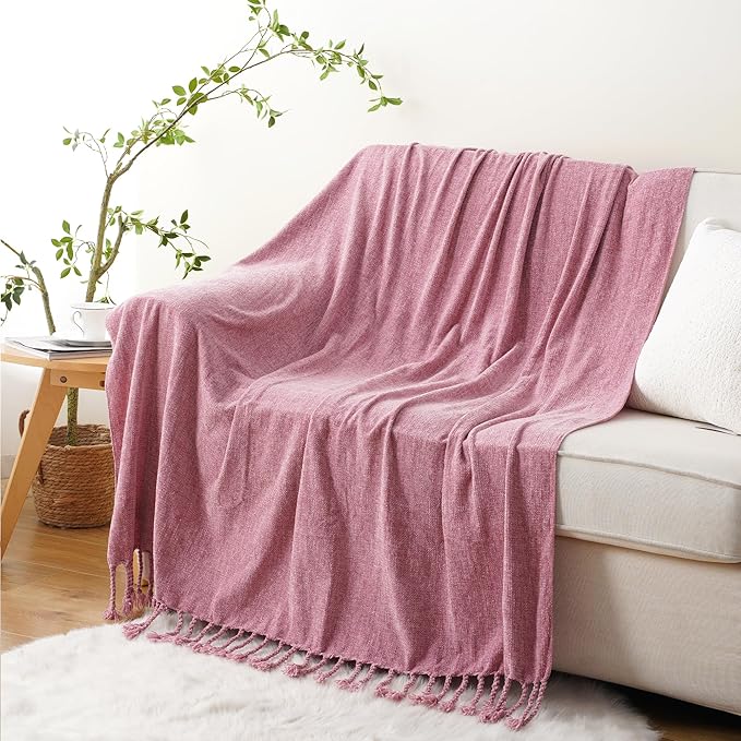 BATTILO HOME Chenille Throw Blanket for Couch, Soft Cozy Throw Blanket with Fringe Tassels, Lightweight Knitted Throw for Spring Summer, Pink, 50"x60"