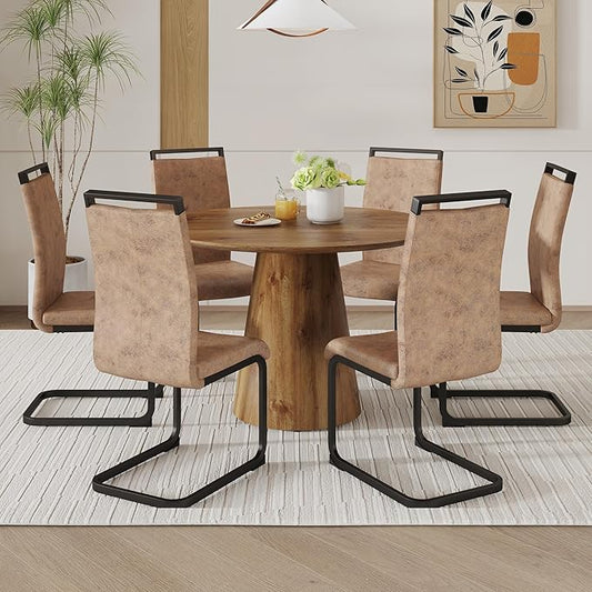 45 Inch Round Dining Table Set for 6, 7 Piece Kitchen Table and Chairs Set, Wooden Table with Light Walnut Finish, Small Space Dining Set for Apartment or Dining Room