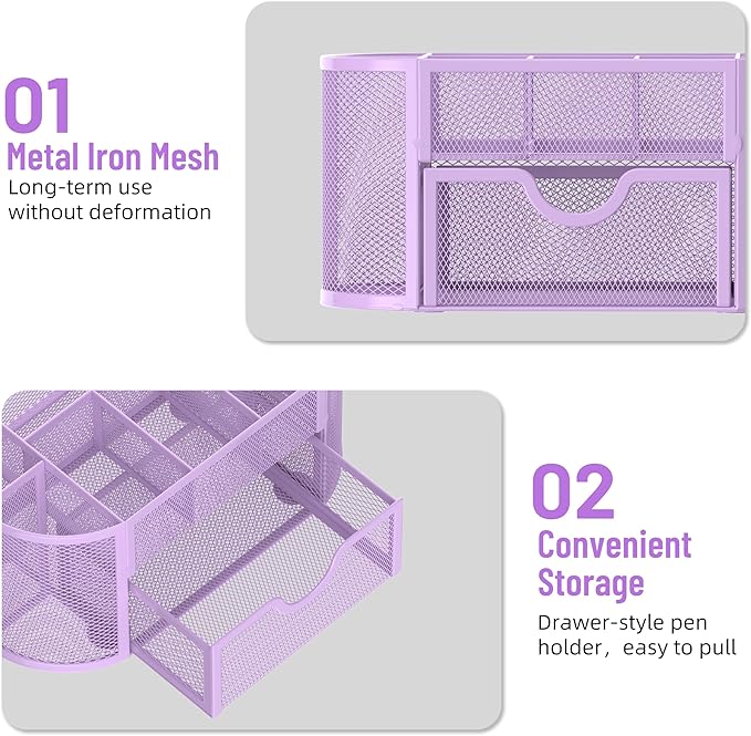 SUPEASY Mesh Desk Organizer, Desk Accessories & Workspace Organizers with Drawers, Pencil Holder for Desk with 9 Compartments for Office Suppliess, 8.6 x 4.3 x 4.1 Inch, Purple