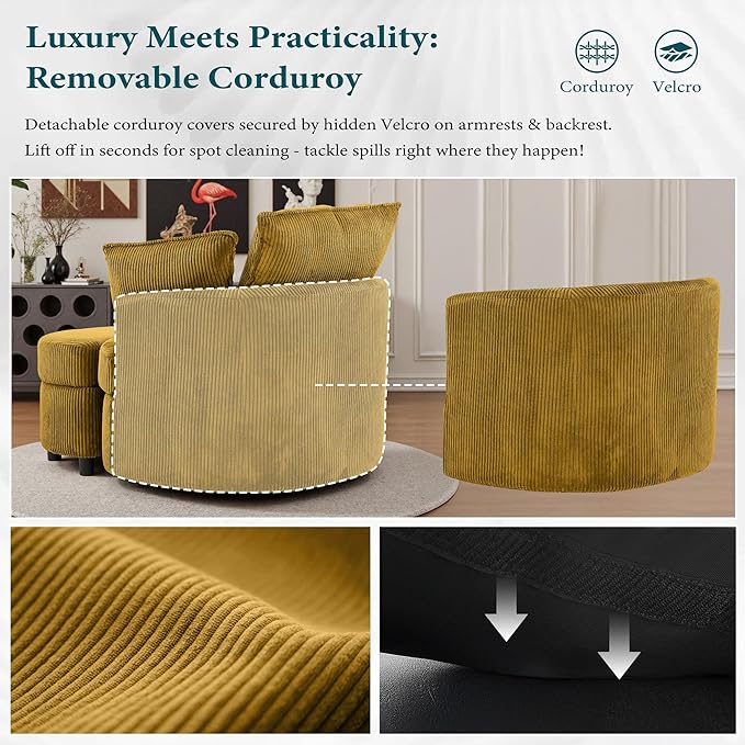 Swivel Accent Chair with Ottoman Comfy Reading Chairs for Bedroom Modern Corduroy Arm Chair 360°Swivel Barrel Chairs for Living Room,Apartment (Yellow, 2)