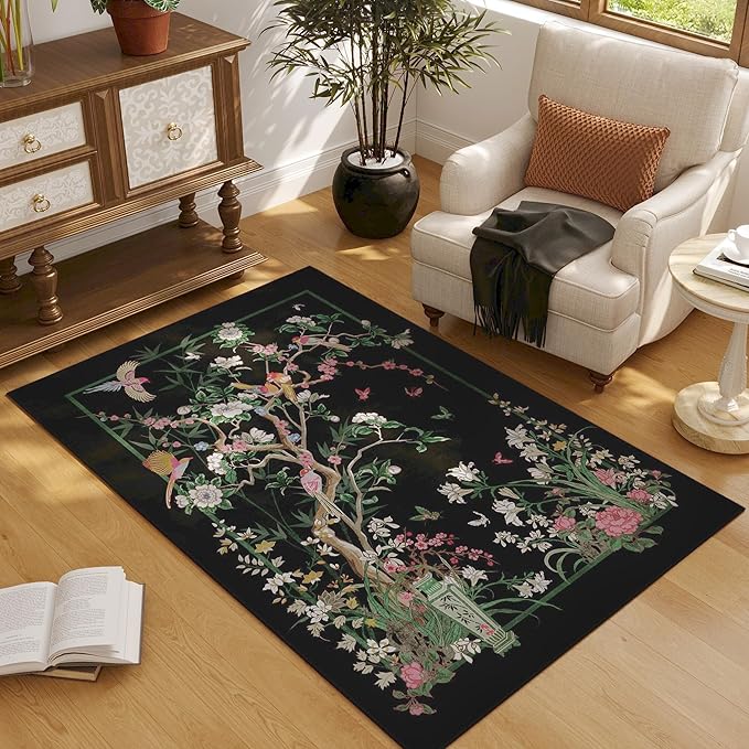 3x5 Washable Rug Chinoiserie-Style Floral Vintage Area Rug Non Slip Low Pile Small Carpet for Bedroom, Bedside, Kitchen, Entryway, Kids Room, Office, Black