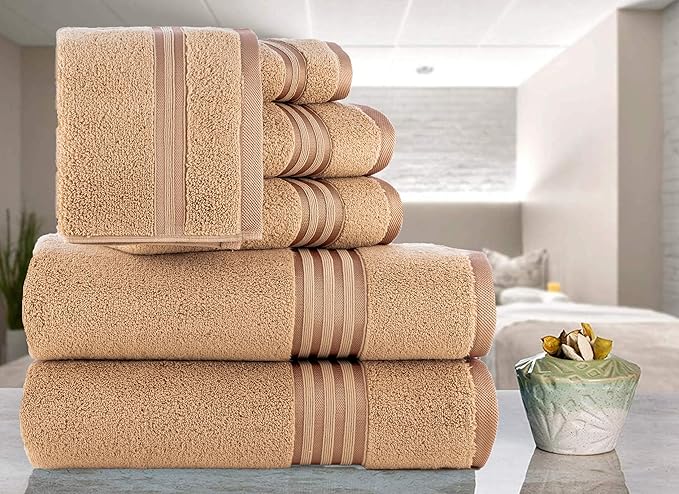CASA COPENHAGEN Zero Twist, 6 Pieces Set 100% Cotton 0" Twist Towel Set- Beige, 600 GSM, 2 Bath, 2 Hand, 2 Washcloths Made from Egyptian Cotton, Ultra Soft Luxury Towels for Bathroom.