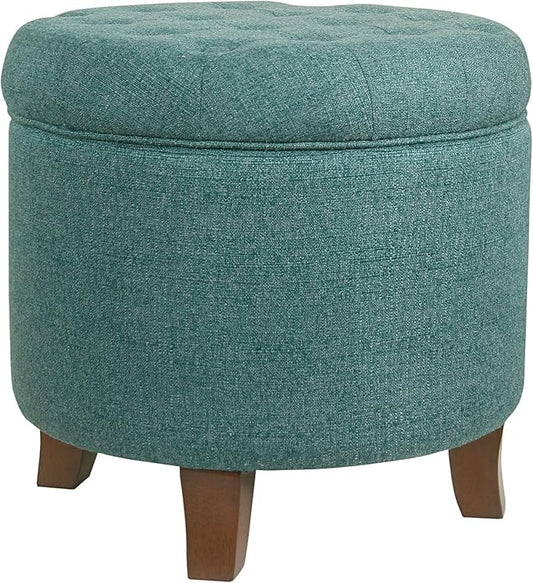 HomePop by Kinfine Fabric Upholstered Round Storage Ottoman - Button Tufted Ottoman with Removable Lid, Teal Woven