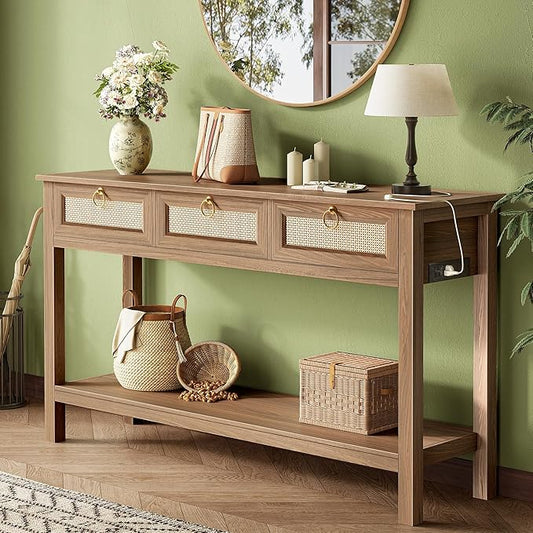SUPERJARE Rattan Console Sofa Table with Outlets and USB-C Port, 3 Drawer Entryway Table with Synthetic Rattan Surface, Open Shelf, Behind Couch Entry Foyer Hallway Storage, Brown