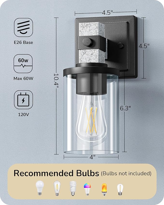 EDISHINE Wall Sconces Set of 2, Industrial Vanity Light Fixtures with Clear Glass Shade & White Textured Finish, 1-Light Wall Mount Lamp for Bathroom, Hallway, Living Room, Mirror, Kitchen