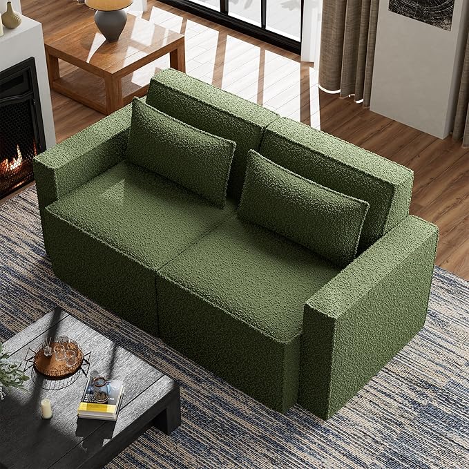 ELUCHANG Oversized Loveseat Sofa,Modern Boucle Sectional Sleeper Sofa with Strong Wood Frame,High Supportive & Soft Sponges Comfy Upholstered Couch Deep Seat Couch for Living Room Apartment Green