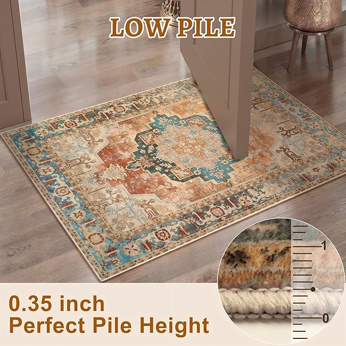 2x6 Washable Runner Rug for Hallways, Non Slip Vintage Rug, Soft Low Pile Long Print Distressed Carpet Runners for Kitchen Bedroom Entryway Bathroom Living Room Rusty Orange