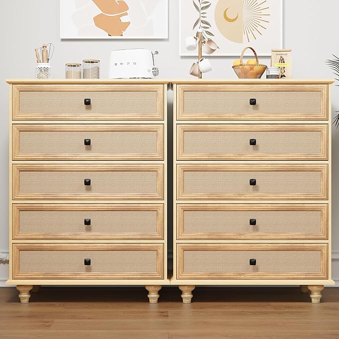 ORRD 5 Drawer Dresser for Bedroom, Mid Century Modern Wide Wood Rustic Chest of Drawers Wooden Storage Organizer Dressers with Burlap Rattan Drawers for Living Room, Hallway Closet, Entryway, Natural