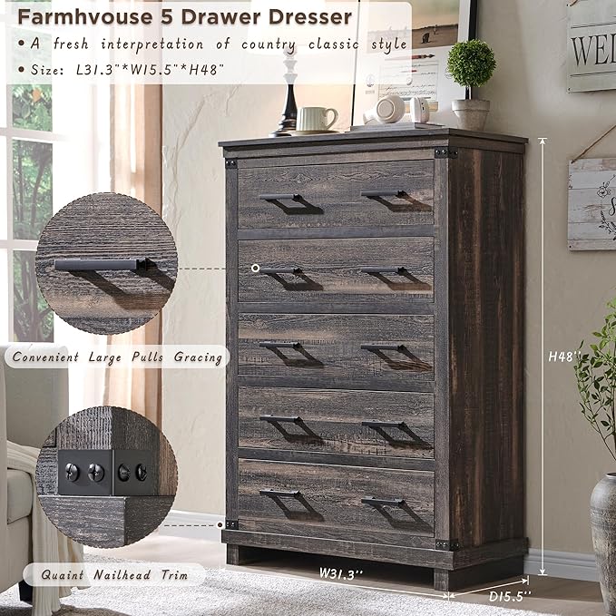 Farmhouse 5 Drawers Dresser for Bedroom, Wood Tall Chest of Drawers with Thick Plank Styling, Rustic Closet Dresser for Bedroom, Living Room, Dark Rustic Oak