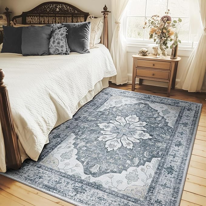 Area Rugs 4'x6' Washable Non-Slip, Floral Vintage Distress Print Pattern Medallion Carpet for Living Room Bedroom Dining Room, Light Gray Grey White