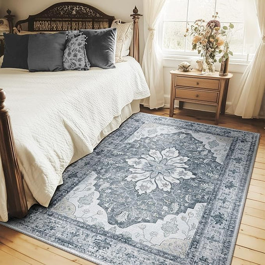 Area Rugs 4'x6' Washable Non-Slip, Floral Vintage Distress Print Pattern Medallion Carpet for Living Room Bedroom Dining Room, Light Gray Grey White