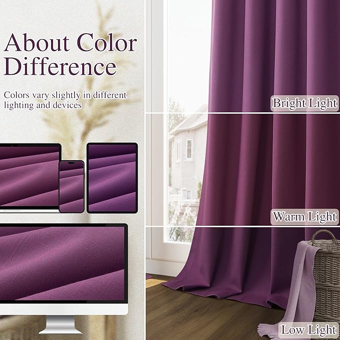 Guken Purple Blackout Curtains 120 Inch Length 2 Panels Set for Living Room Bedroom Back Tab Thermal Insulated 100% Black Out Linen Drapes Room Darkening Window Curtains 52 Inches Width