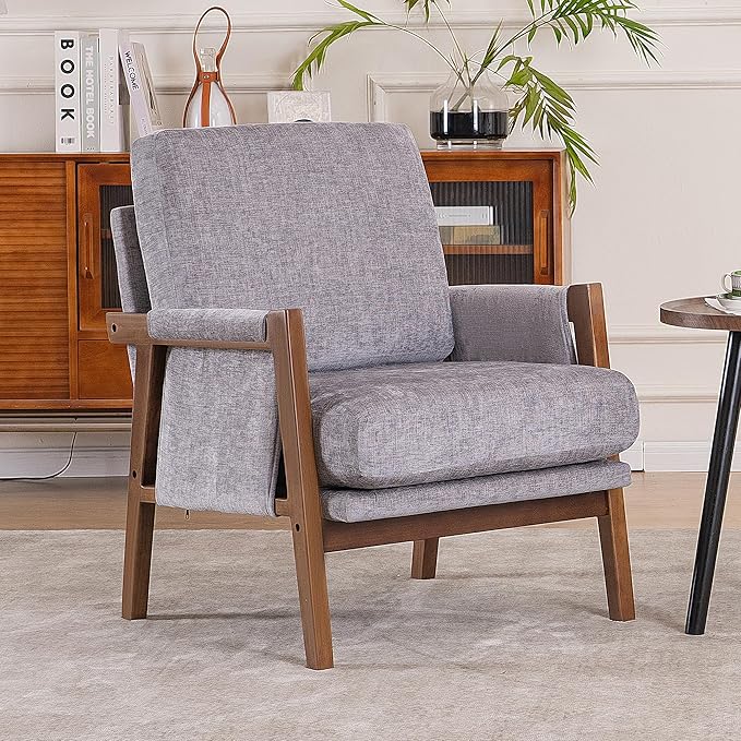 Mid Century Modern Accent Chair with Wood Frame, Upholstered Living Room Chairs with Wide Armrest, Chenille Fabric Lounge Reading Arm Chair for Bedroom, Reading Room, Balcony, Gray