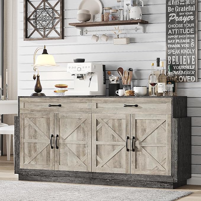 64" Wide Large TV Stand for Bedroom, Entertainment Center with Storage Cabinets Rustic Farmhouse Style TV Console Table with Barn Doors and 2 Drawers