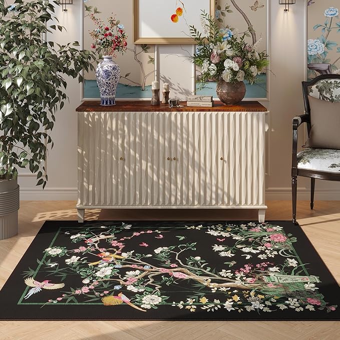 4x6 Rug Chinoiserie-Style Floral Vintage Washable Area Rugs Non Slip Low Pile Small Carpet for Bedroom, Bedside, Kids Room, Office, Dining Room, Black