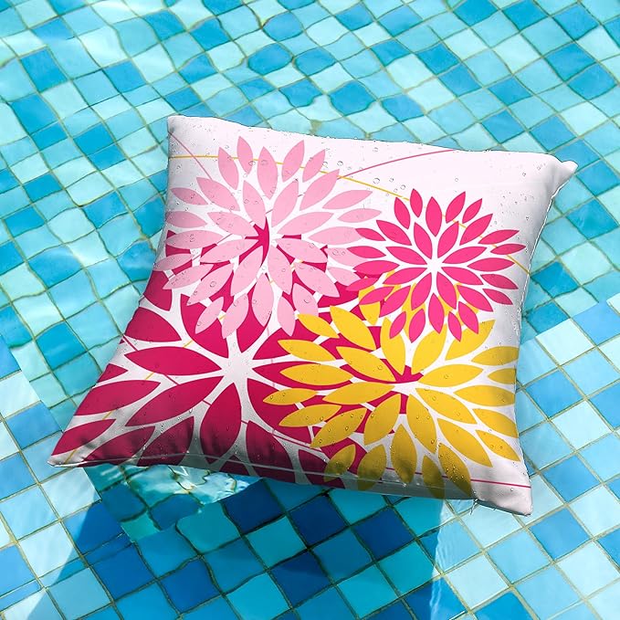 DFXSZ Outdoor Pillow Covers - 18x18 Inch Set of 2 Pink Yellow Flower Decorative Waterproof Summer Pillow Covers for Patio Furniture, Garden Couch