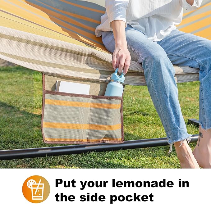 Waterproof Double Hammock with Stand for Outside Heavy Duty, 2 Person 55'' Large Quick Dry Textilene Hammocks with Hardwood Spreader Bar, Pillow, Pockets, for Outdoor, 475lbs Capacity (Coffee)