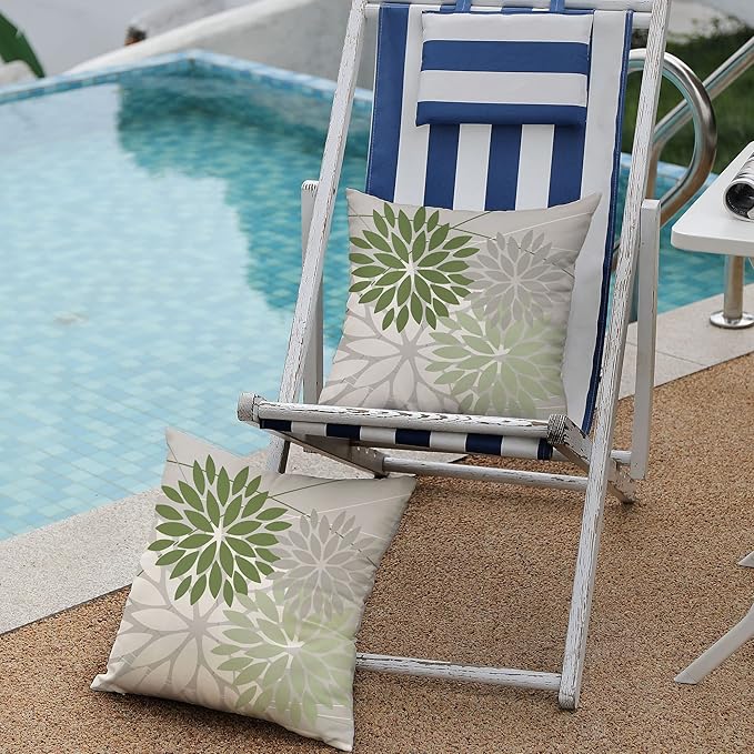 DFXSZ Outdoor Throw Pillow Covers 18x18 Inch Set of 2 Waterproof Spring Summer Geometric Elegant White Green Outdoor Pillow Covers for Patio Funiture Garden Couch 158D18