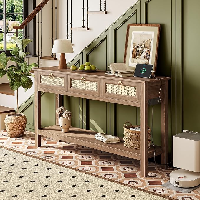 SUPERJARE Rattan Console Sofa Table with Outlets and USB-C Port, 3 Drawer Entryway Table with Synthetic Rattan Surface, Open Shelf, Behind Couch Entry Foyer Hallway Storage, Brown